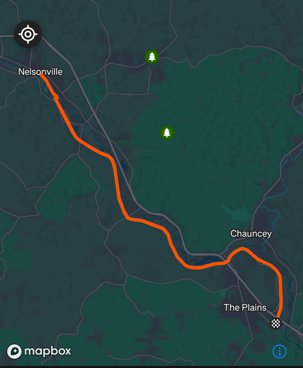 Map of the Hockhocking Adena Bikeway northern-half with Nelsonville, Chauncey, and The Plains, Ohio labeled