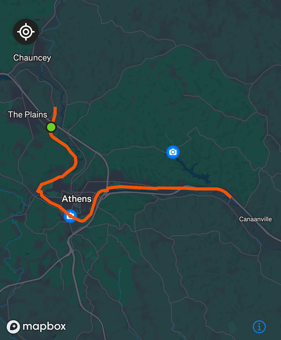Map of the Hockhocking Adena Bikeway southern-half with Chauncey, The Plains, Athens, and Canaanville, Ohio labeled